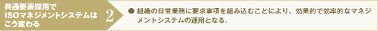 共通要素採用でISOマネジメントシステムはこう変わる2：組織の日常業務に要求事項を組み込むことにより、効果的で効率的なマネジメントシステムの運用となる。