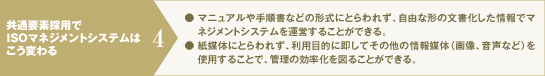 共通要素採用でISOマネジメントシステムはこう変わる4：マニュアルや手順書などの形式にとらわれず、自由な形の文書化した情報でマネジメントシステムを運営することができる。紙媒体にとらわれず、利用目的に即してその他の情報媒体（画像、音声など）を使用することで、管理の効率化を図ることができる。