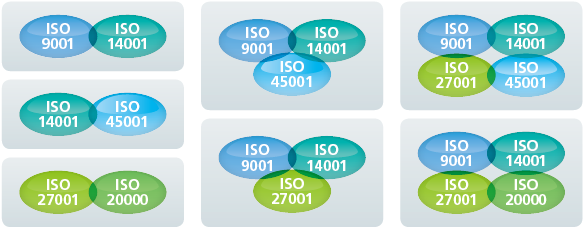 [代表的な組み合わせ]ISO9001・ISO14001　ISO14001・ISO45001　ISO27001・ISO20000　ISO9001・ISO14001・ISO45001　ISO9001・ISO14001・ISO27001　ISO9001・ISO14001・ISO27001・ISO45001　ISO9001・ISO14001・ISO27001・ISO20000