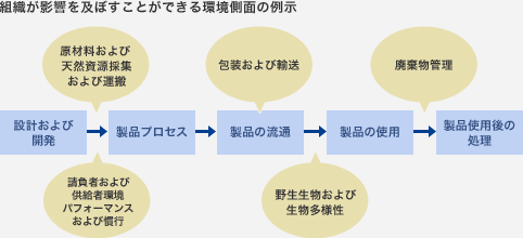 組織が影響を及ぼすことができる環境側面の例示　「設計および開発→製品プロセス」という流れの中で、"原材料および天然資源採集および運搬"や"請負者および供給者環境パフォーマンスおよび慣行"という環境側面、「製品の流通→製品の使用→製品使用後の処理」という流れの中で、"包装及び輸送"や"野生生物および生物多様性"、"廃棄物管理"という環境側面がある。